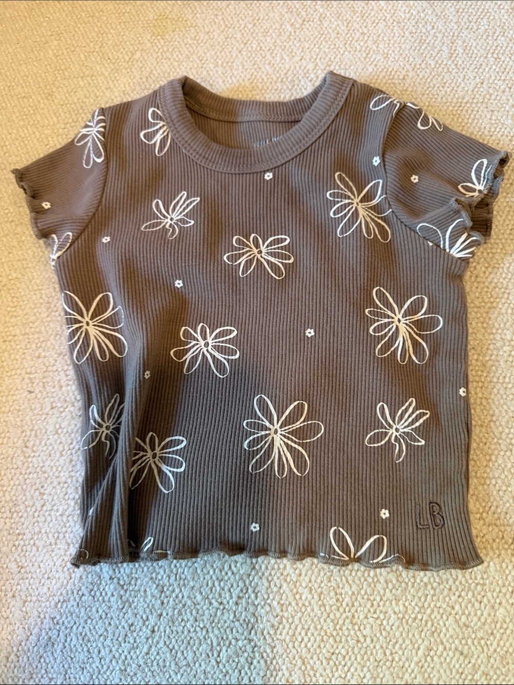 Little Bipsy Girls Floral Ribbed Lettuce Trim Tee - Mushroom